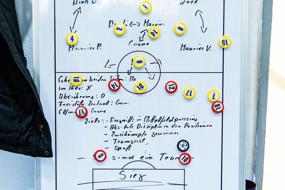 Taktiktafel für Fußball mit einem 4-2-3-1-System, dazu ein graues Shirt und persönliche Notizen auf einem Tisch.